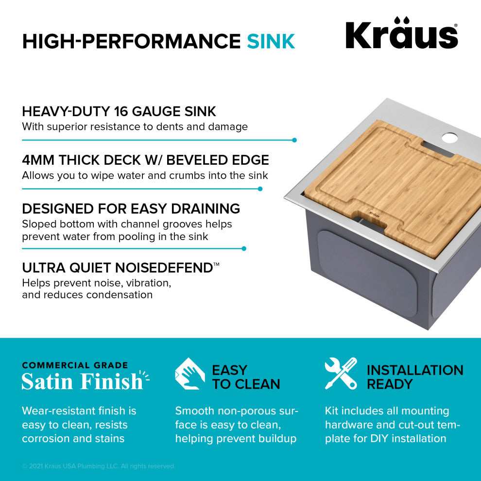 Kraus KWT321-15 Kore 15" Drop In Single Basin Stainless Steel Bar - Stainless