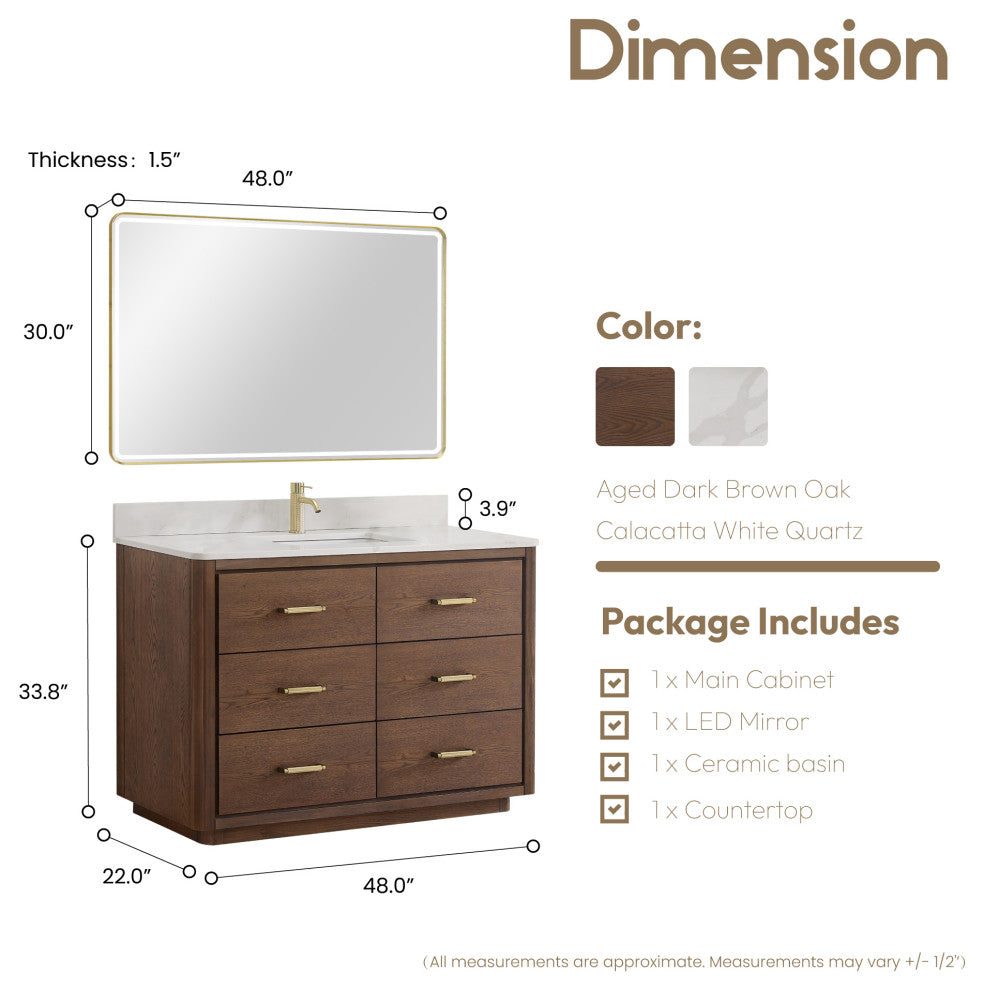 Porto Bath Vanity with White Quartz Stone Top, Dark Brown Oak, 48 in., With Mirror