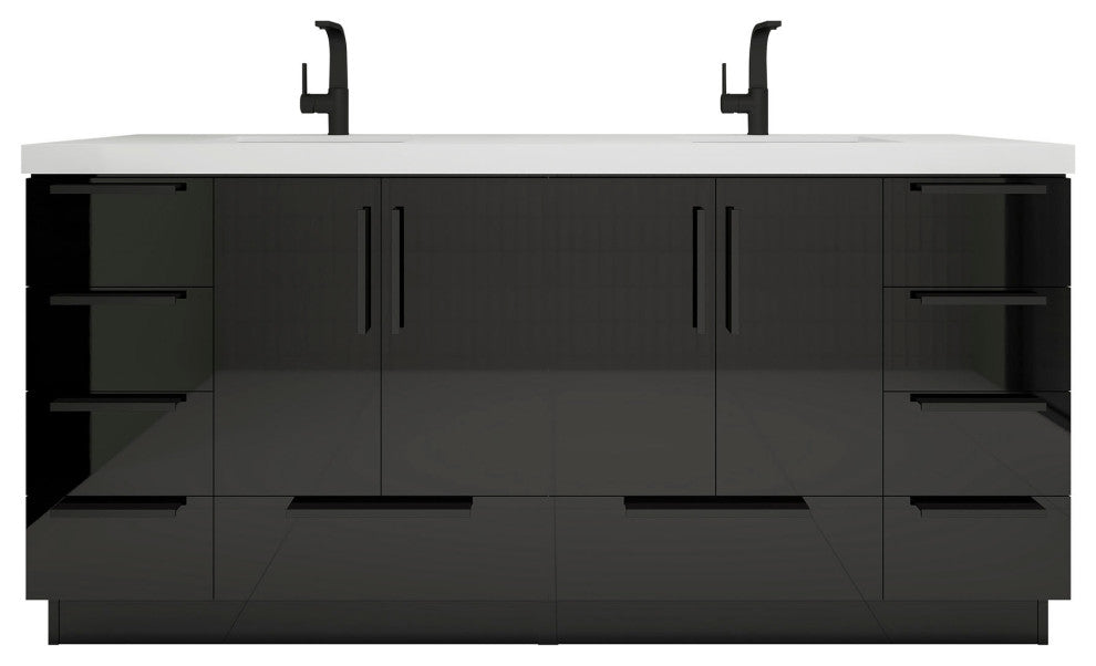 Carla 72" Freestanding Bathroom Vanity With Double Sink, Gloss Black