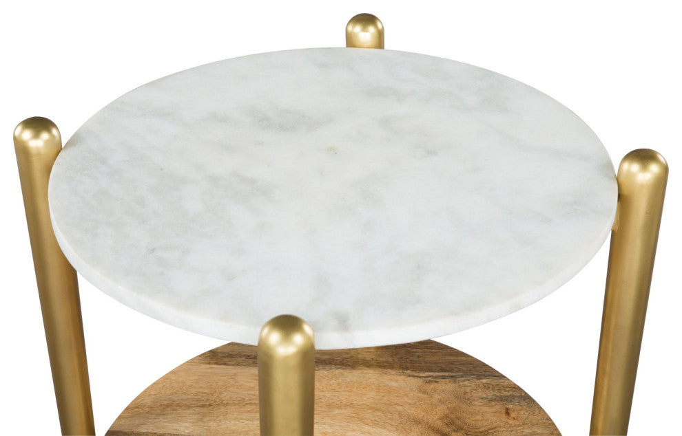 Sofa Side Table, Round, Artificial Marble, Steel Metal, White, Brown, Gold
