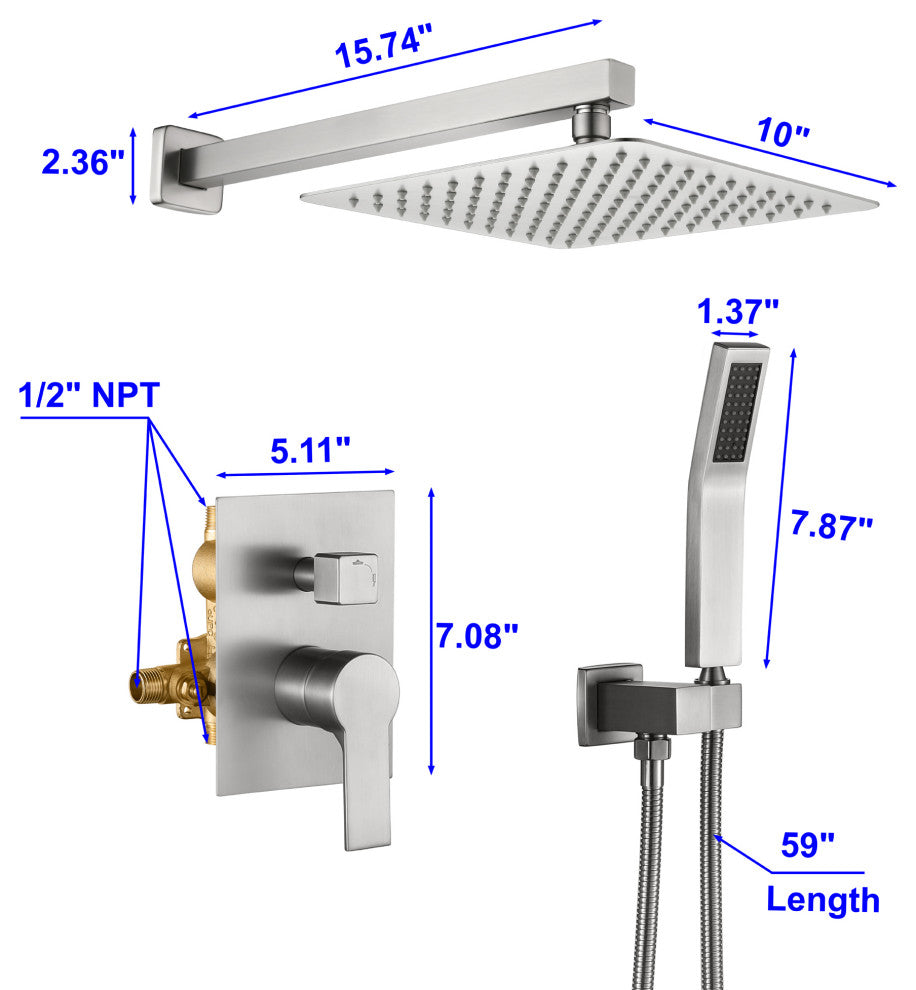 Wellfor Shower Faucet, 10" Rain Shower Head With Handheld Combo Set and Valve, Brushed Nickel