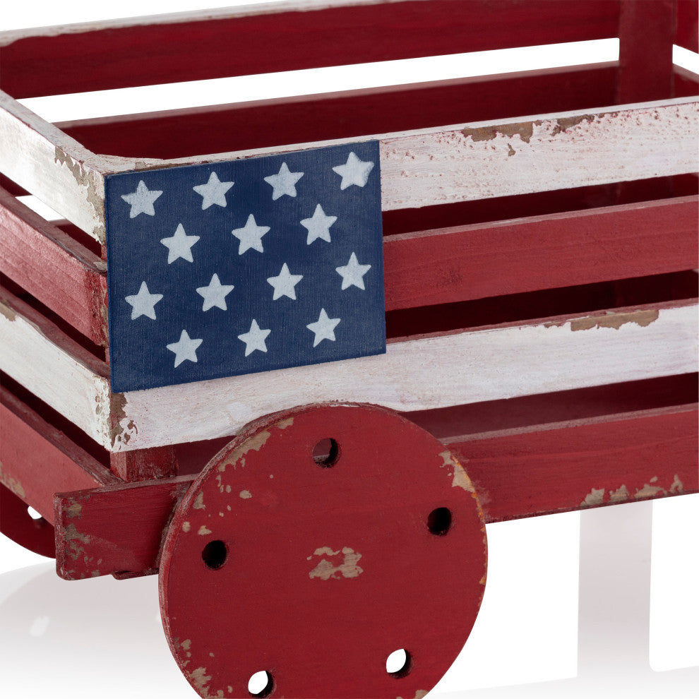 American Flag Wooden Wheel Barrel Planter