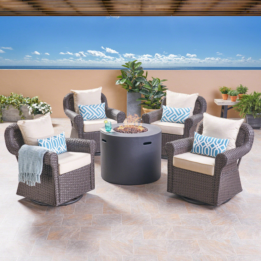 GDF Studio 4-Piece Harding Swivel Club Chair Set with Fire Pit, Dark Brown& Gray