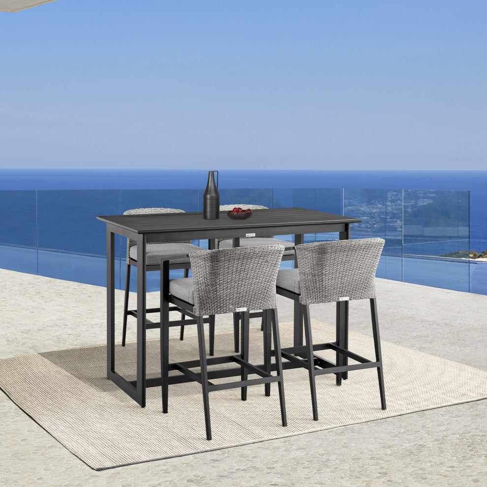 Aileen Outdoor Patio 5-Piece Bar Table Set, Aluminum With Gray Cushions