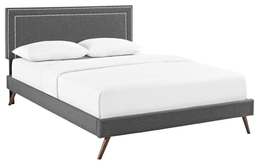 Virginia Queen Upholstered Fabric Platform Bed With Round Splayed Legs, Gray