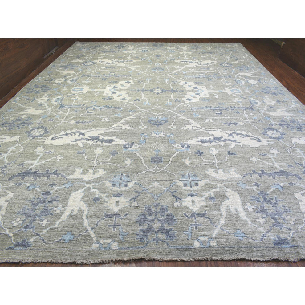 Gray Soft Wool Hand Knotted, Afghan Angora Oushak Oversize Rug, 14'0"x17'10"