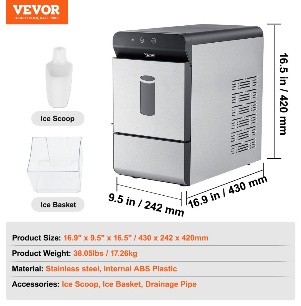 VEVOR Nugget Ice Maker Countertop 37Lbs/24H Portable Ice Cube Machine Self-Clean