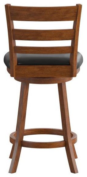Zerrick Ladderback Swivel Counter Height Barstool with Padded Seat, Black Vinyl/Antique Oak Frame
