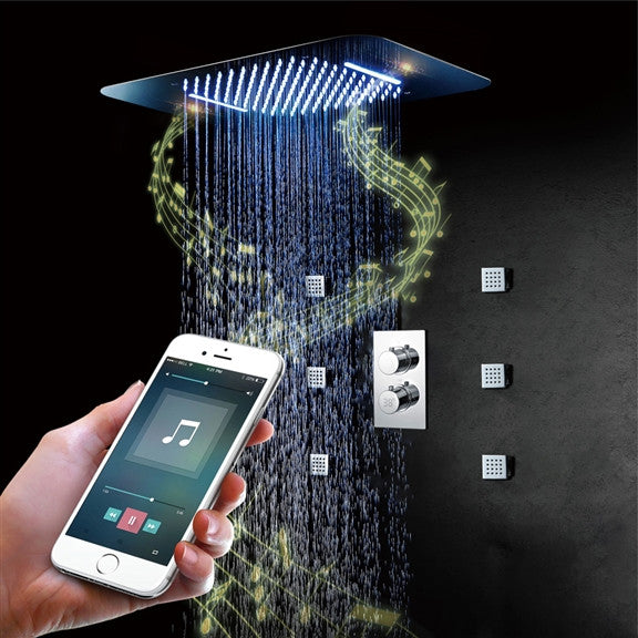 LED 20*14" Digital Remote Controlled Rainfall Shower System, 6 Body Jets, Chrome