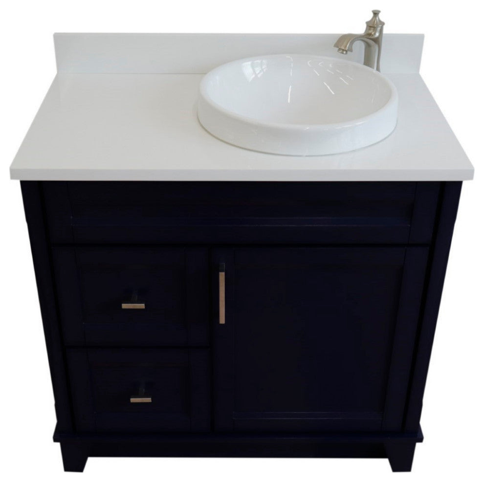 37" Single Sink Vanity, Blue Finish With White Engineered Stone Top