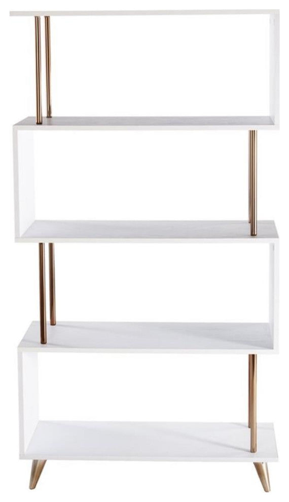 Maklaine Modern Wooden 4 Shelf Bookcase in White and Champagne