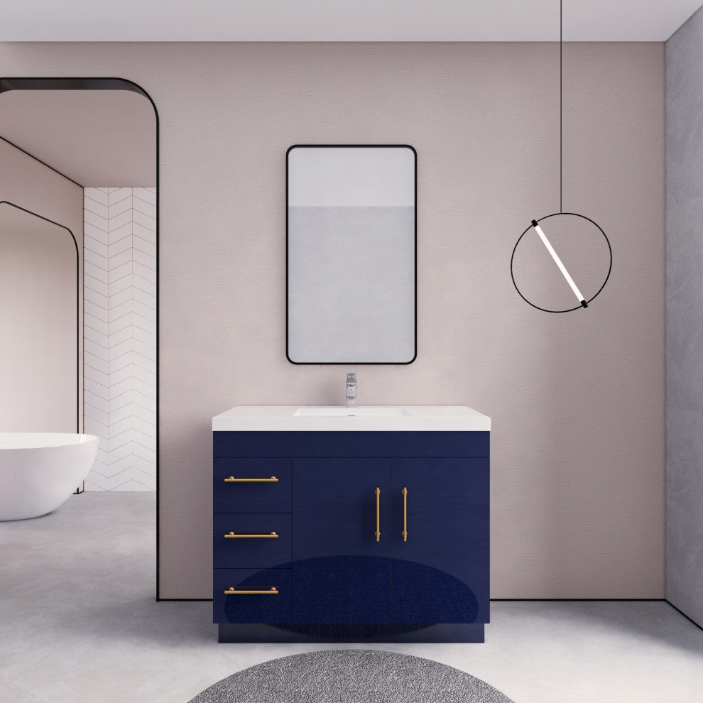 Rosa 42" Free Standing Modern Vanity, High Gloss Night Blue, Glossy White Top