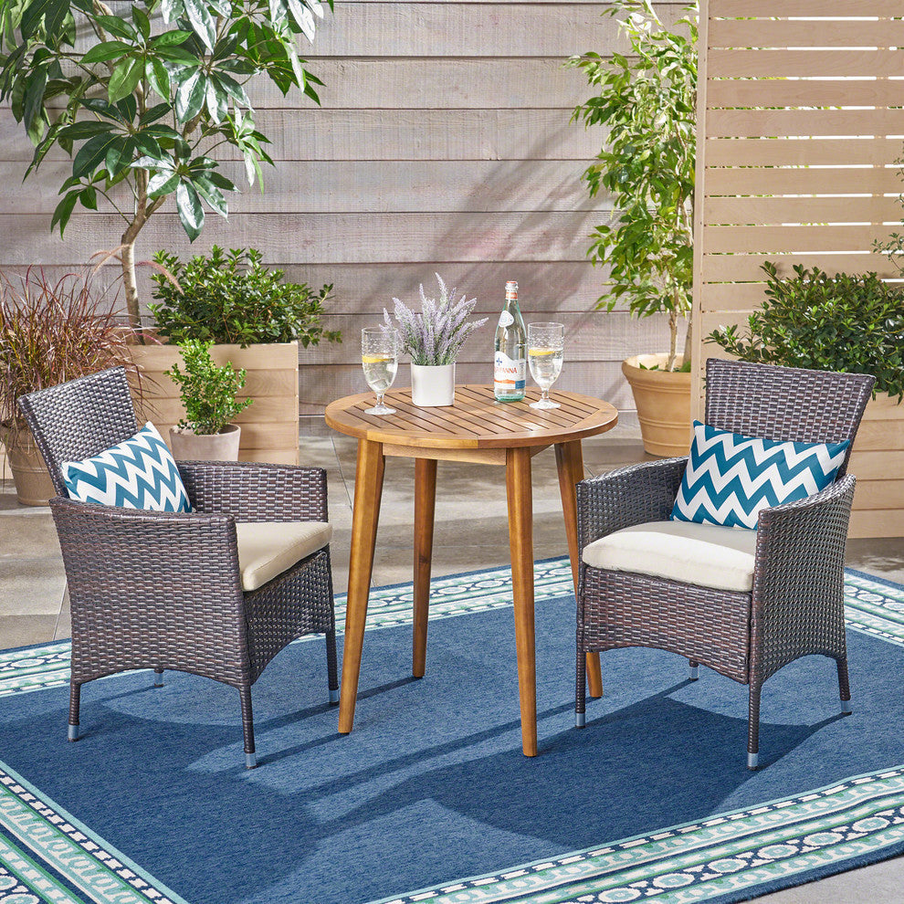 GDF Studio 3-Piece Land Outdoor Bistro Set, Teak/Multi Brown/Beige