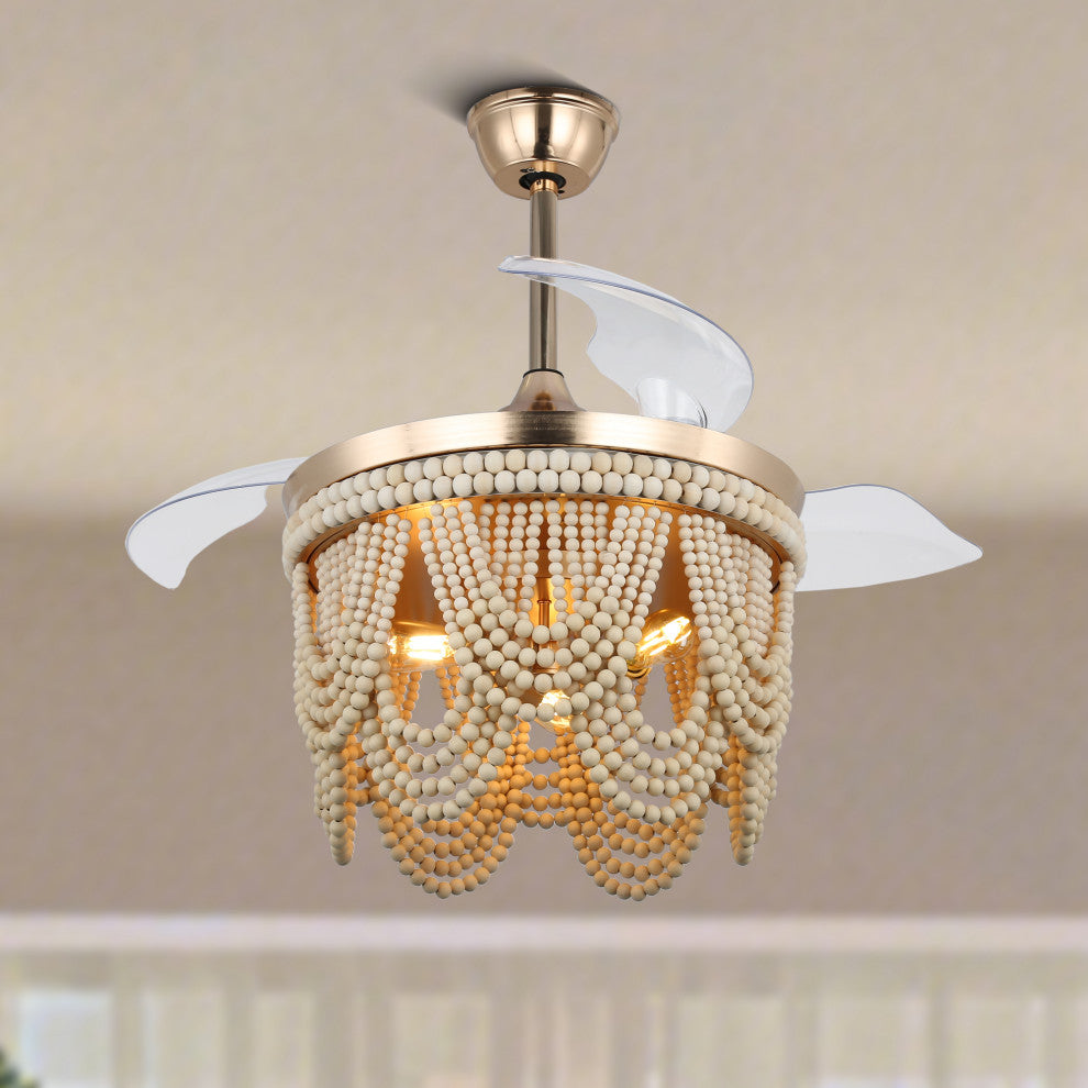 42" BoHo Ceiling Fanlight with Retractable Blades and Wooden Beads Accents, Gold