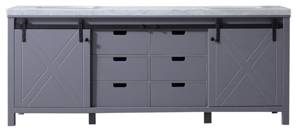 Marsyas 84" Dark Gray Double Vanity, White Marble Top, White Sinks, No Mirror