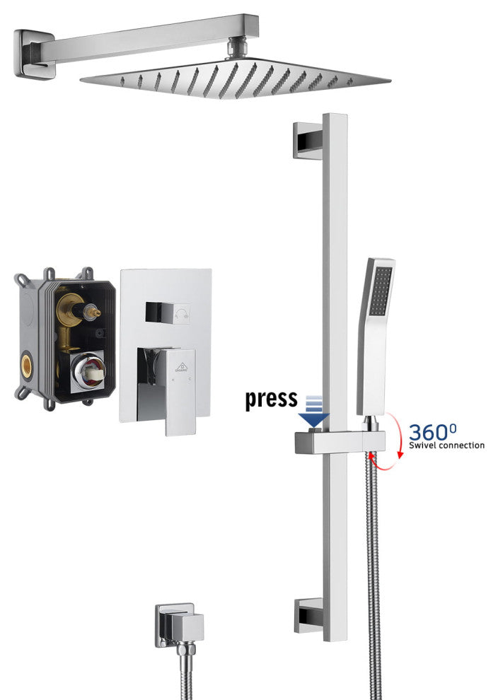 CASAINC 10" Luxury Wall Mounted Shower System Set w Sliding Handheld Rod, Chrome