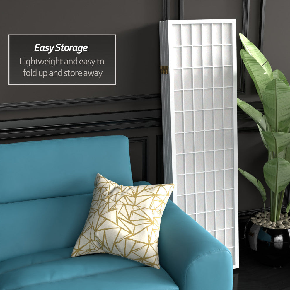5' Tall Window Pane Shoji Screen, White, 6 Panels