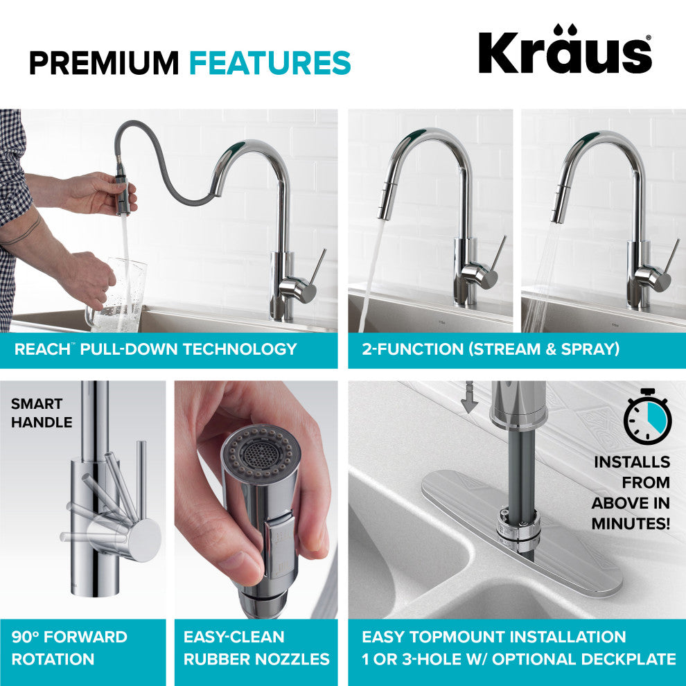 Oletto Pull-Down 1-Hole Kitchen Faucet, Chrome, Water Dispenser Ff-100