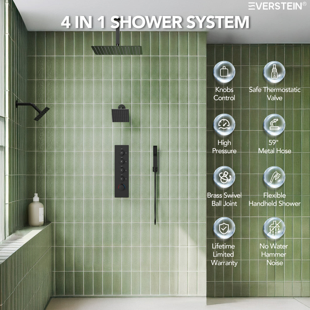 Triple Shower System 16" Rainfall Dual Shower Head with Thermostatic Valve, Matte Black
