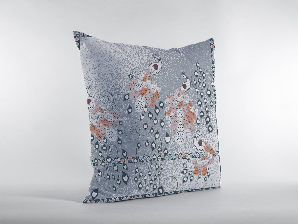 16" Gray Orange Boho Bird Zippered Suede Throw Pillow