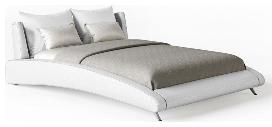 Modern Cadillac White Microfiber Leather Platform Bed, Queen