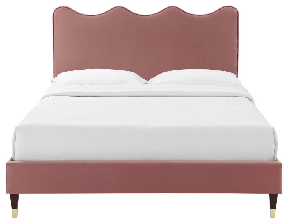 Platform Bed Frame, King Size, Pink, Velvet, Modern, Bedroom Master Guest Suite