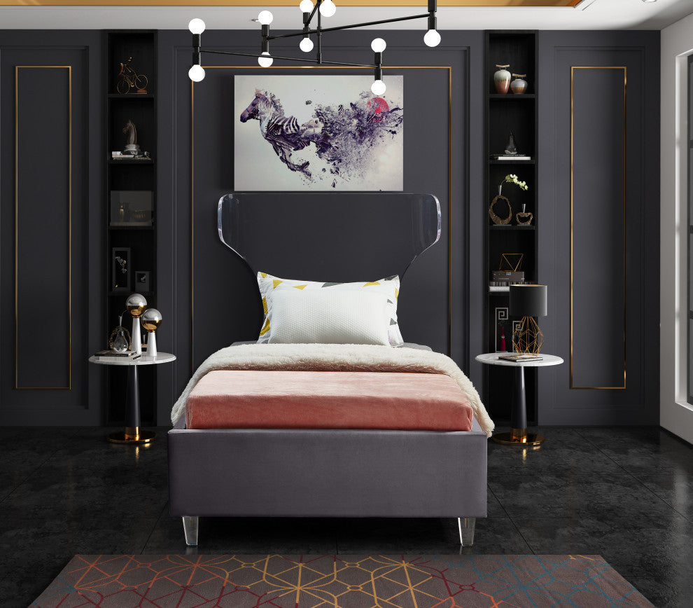 Ghost Velvet Upholstered Bed, Gray, Twin