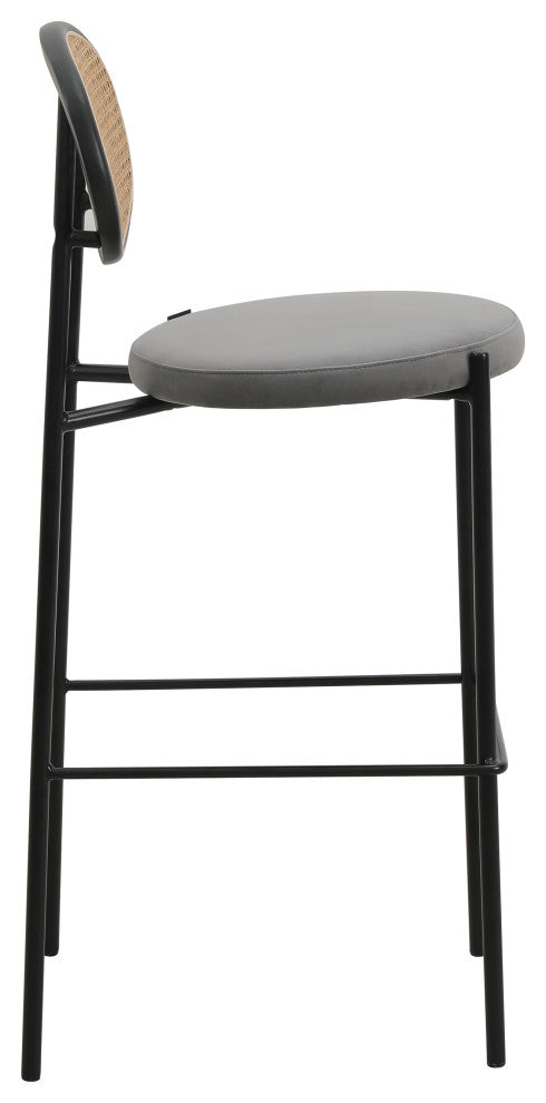 LeisureMod Euston Wicker Bar Stool With Black Steel Frame and Footrest, Gray