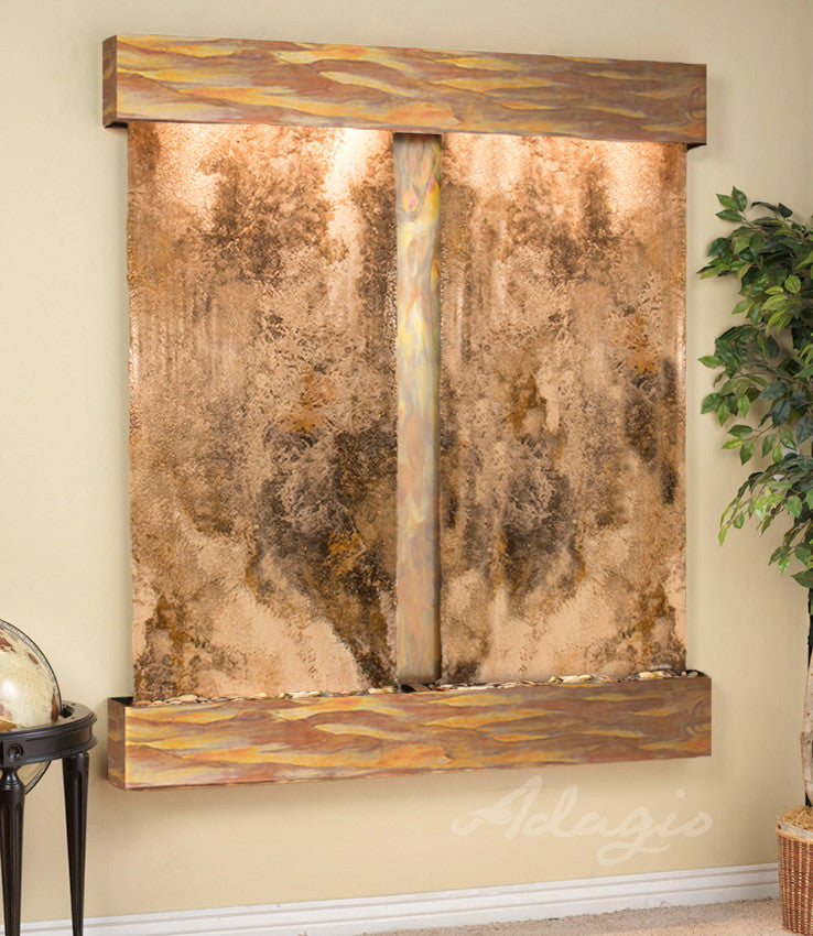 Cottonwood Falls Water Fountain, Magnifico Travertine, Rustic Copper, Square