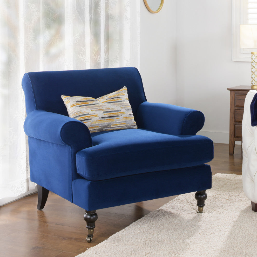 Alana 38" Lawson Accent Arm Chair, Metal Casters, Navy Blue Velvet