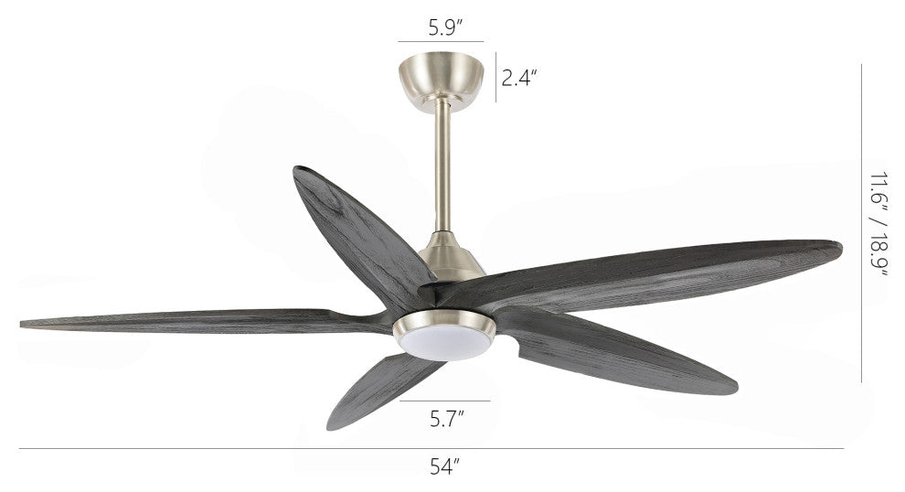54" Solid Wood 5-Blade LED Ceiling Fan with Remote Control and Light Kit, Satin Nickel/Gray