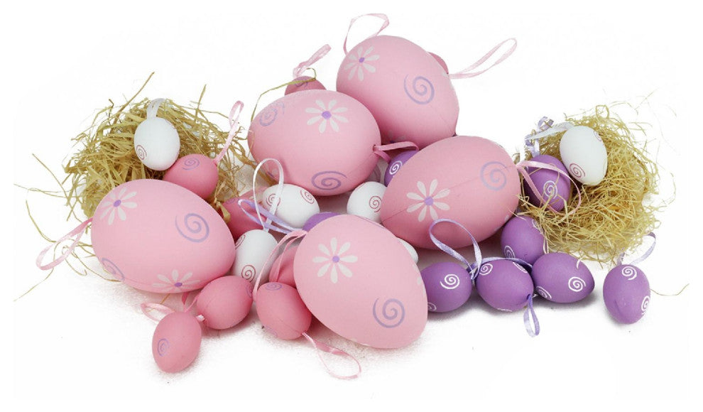 Painted Floral Easter Egg Ornaments, 29-Piece Set, Pastel Pink/White/Purple