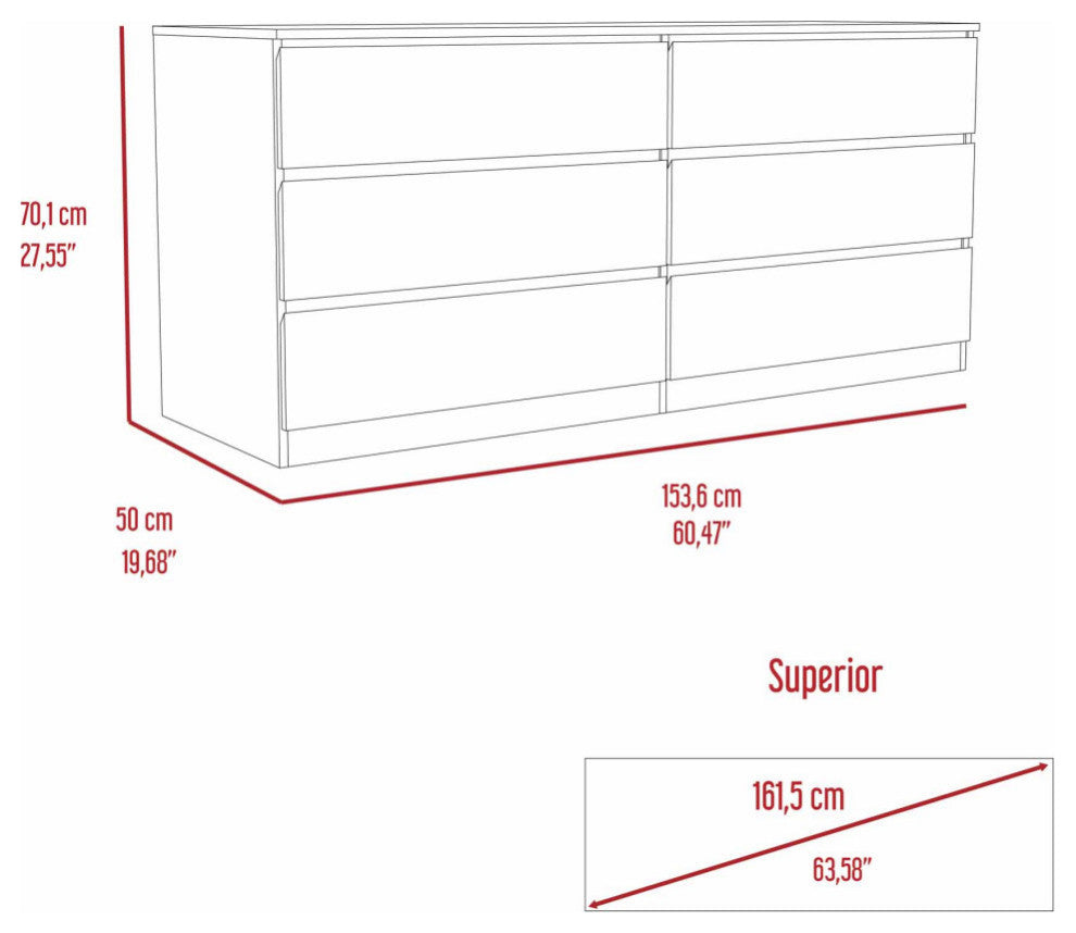 FM FURNITURE Seul Modern Minimal Six Drawer Double Dresser with Superior Top