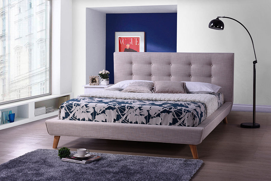 Jonesy Mid-Century Beige Fabric Upholstered Queen Size Platform Bed