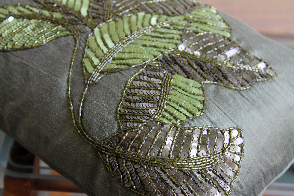 Green Rectangular Pillow Covers 12"x26" Silk, All About Leaves
