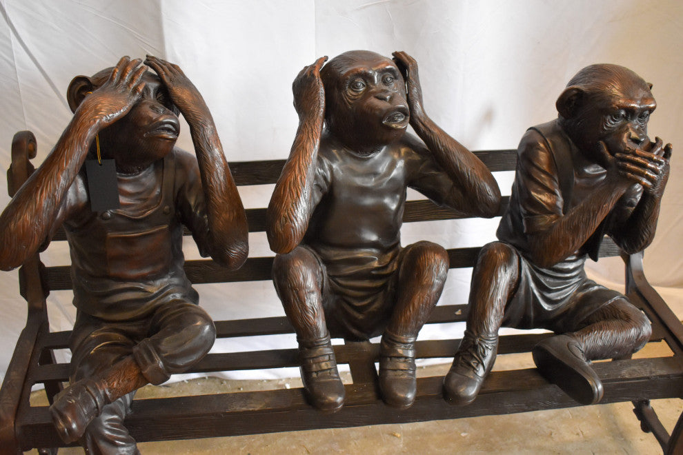 Three Comedic Monkeys on a bronze Bench, Say, Hear, See no Evil 57" x 20" x 43