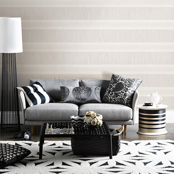Tribal-Style Monochromatic Stripe Wallpaper, Taupe/Gray & White, Bolt