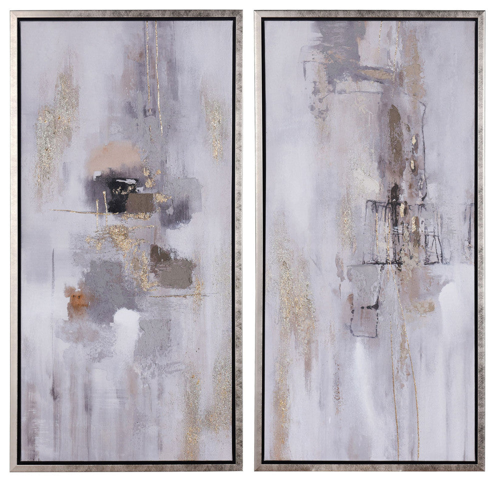 Neutral Smudge Hand Painted Canvas Art, Black and Silver Frames, Set of 2