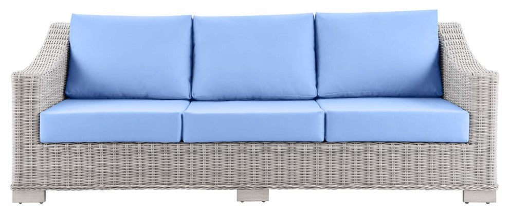 Lounge Sofa, Rattan, Wicker, Gray Blue, Modern, Outdoor Patio Cafe Bistro