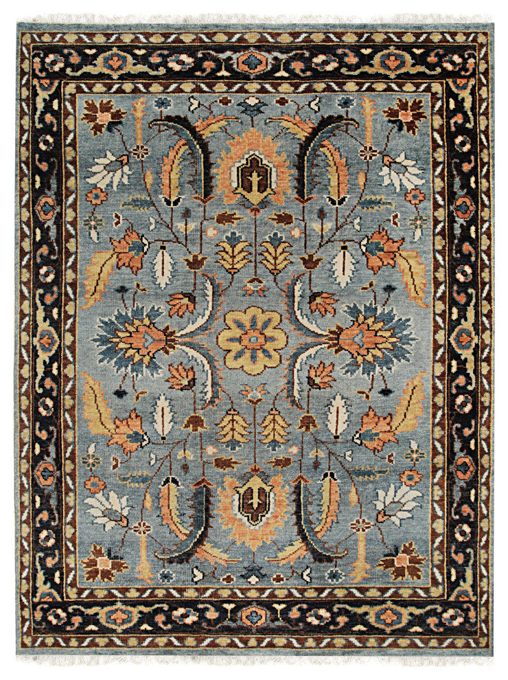 Hand-Knotted Wool Gray/Navy Traditional All Over Traditional Knot Rug, 7'6 X 9'6