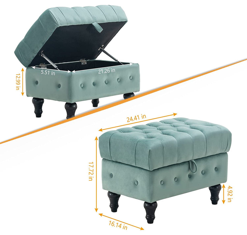Button Tufted Upholstery Footstool for Bedroom and for Living Room, Light Blue