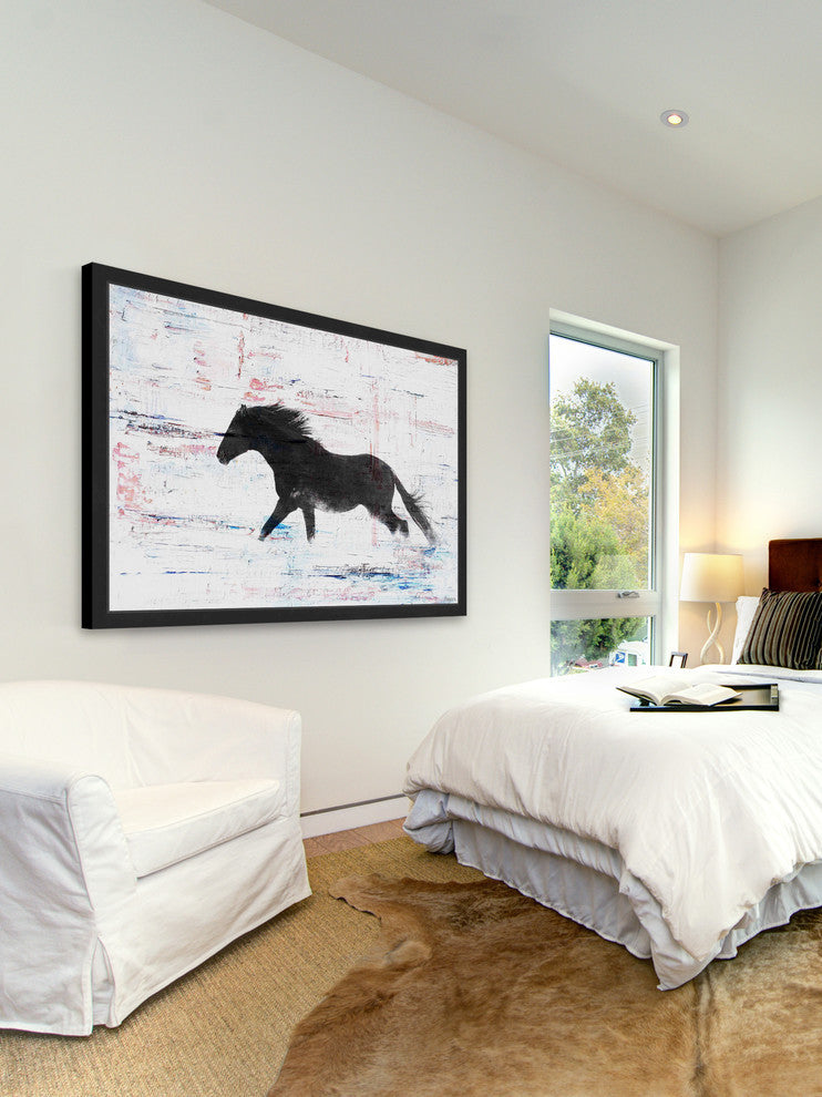 Parvez Taj "Black Horse Stride" Framed Painting Print, 18"x12"