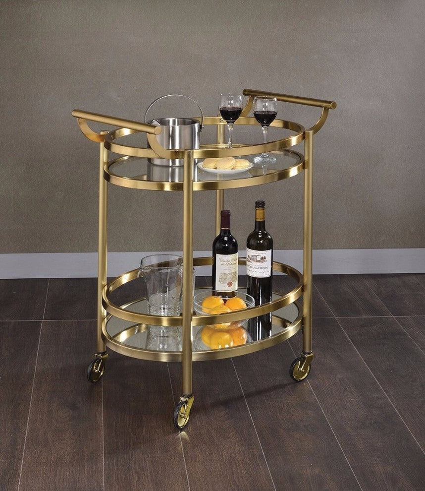 Benzara BM158855 Oval Metal Serving Cart, Clear Glass and Gold