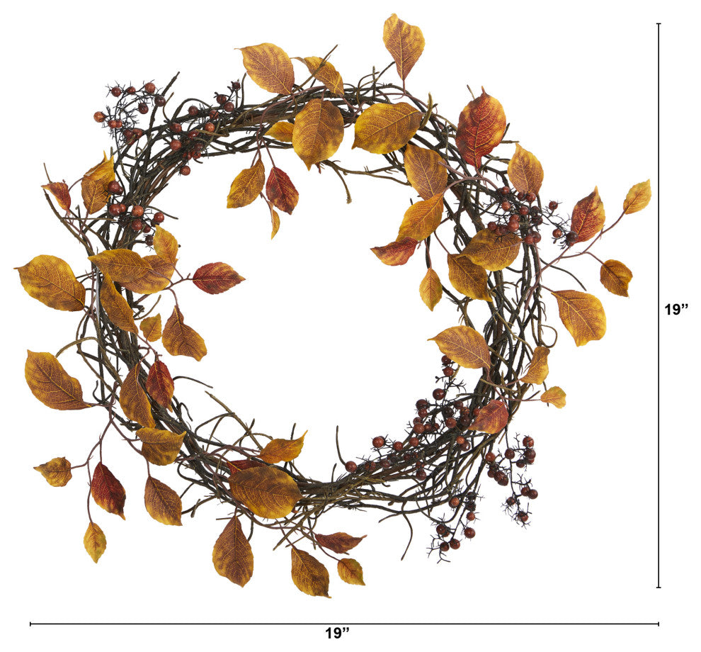 19" Harvest Leaf, Berries and Twig Artificial Wreath