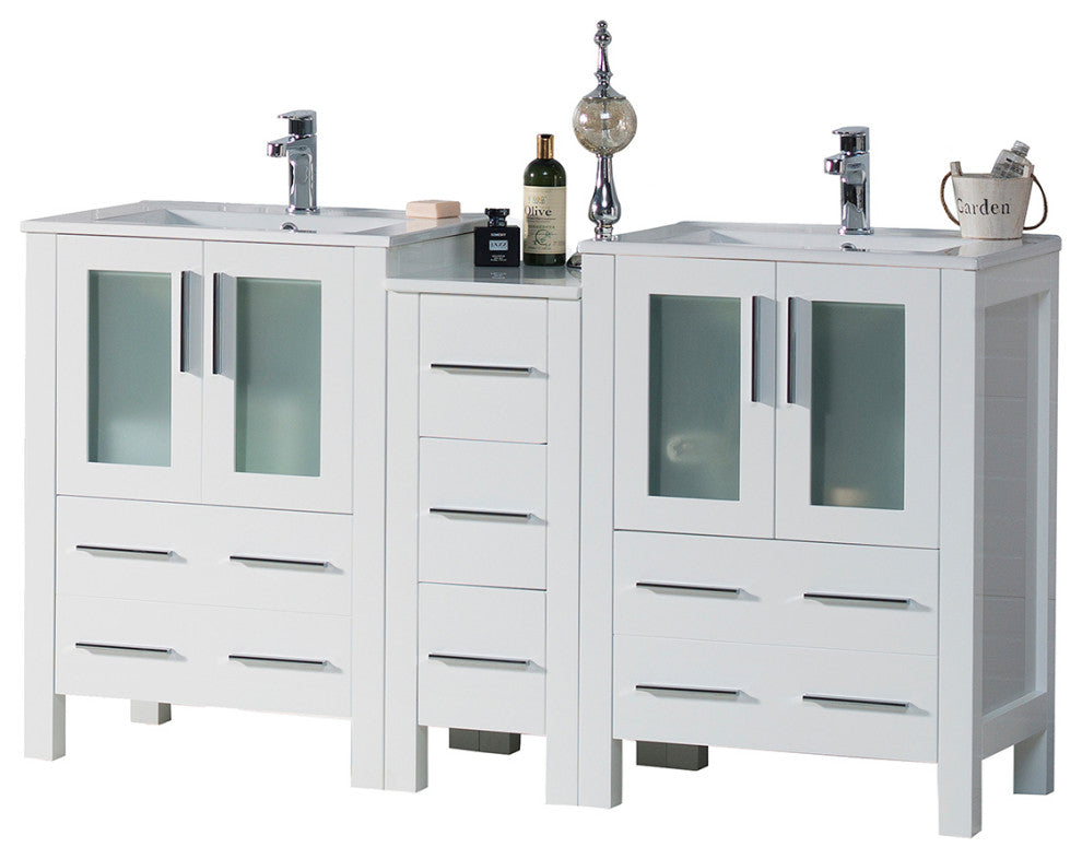 Sydney 60" Double Vanity Set With Mirrors, Glossy White No Mirror