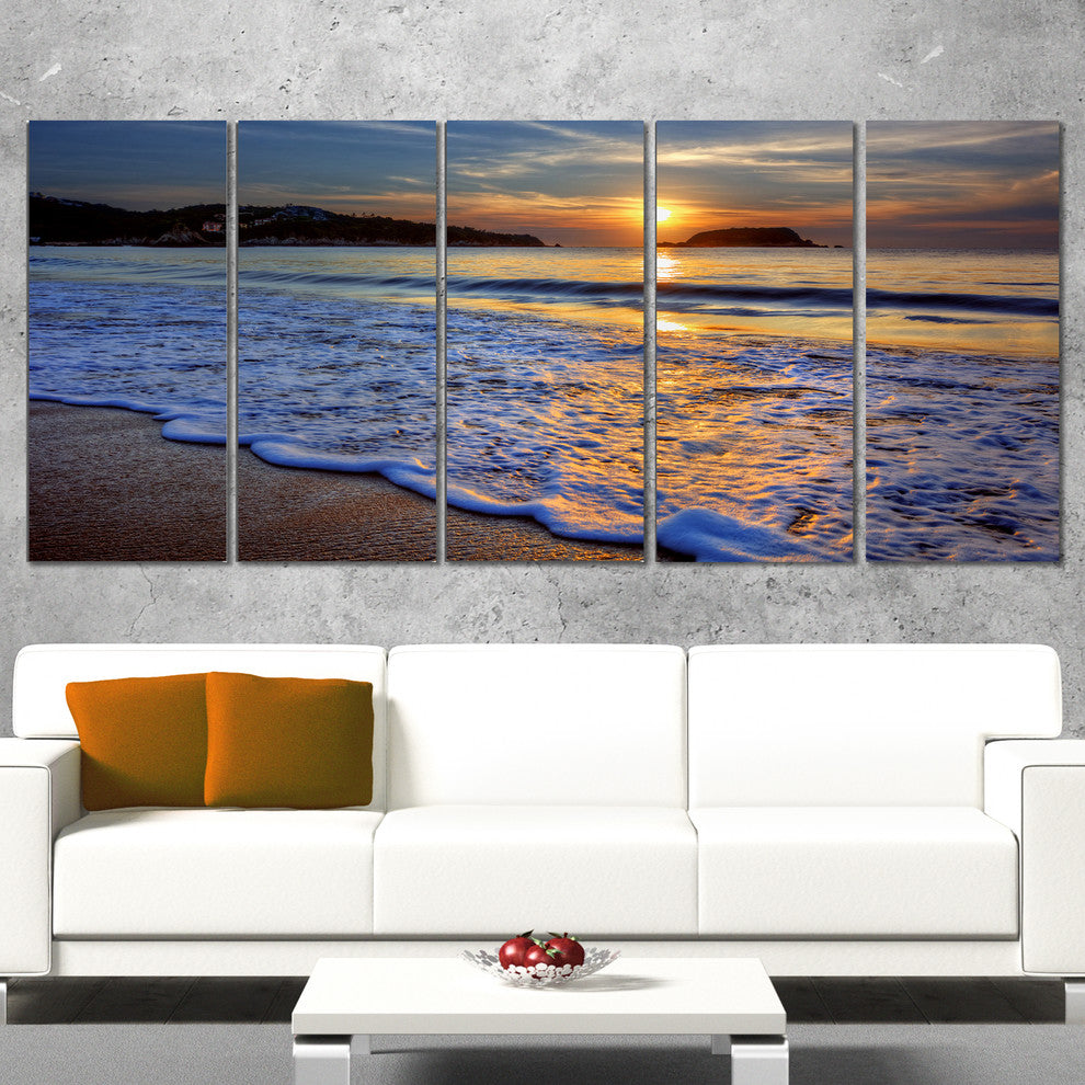 Calm Seashore with Blue Waves, Seashore Canvas Print, 60"x28", 5 Panels
