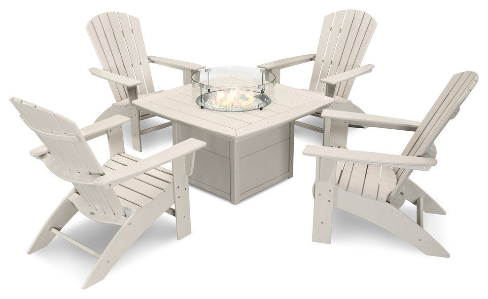 Nautical Curveback Adirondack 5-Piece Conversation Set With Fire Table, Sand