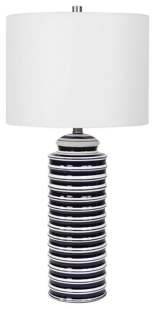 Navy And White Ceramic Base With Brushed Nickel Accents. Table Lamp