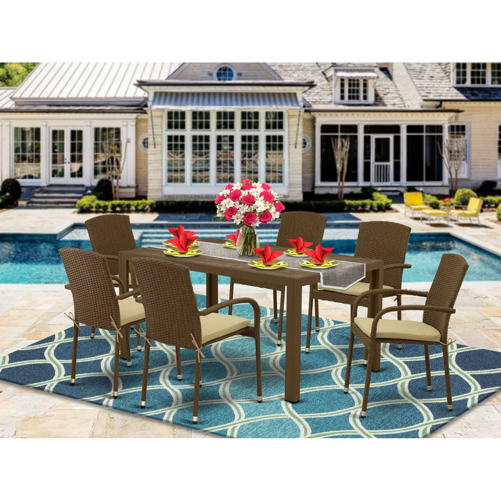 7Pc Outdoor- Brown Wicker Dining Set, Patio Table, 6 Balcony Backyard Armchair