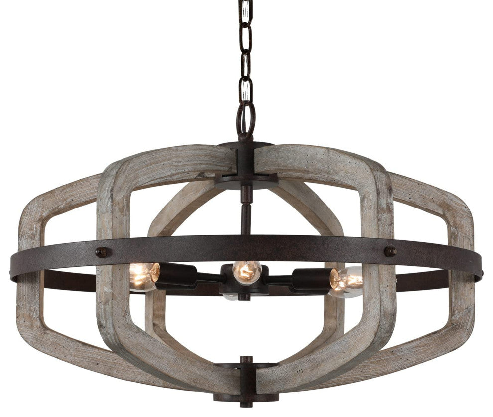 6 Light Wood Farmhouse Chandelier Rust Cage Vintage Pendant Hanging Light